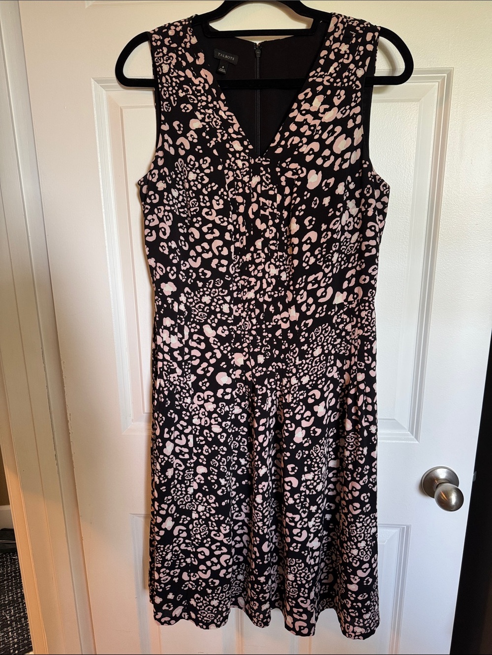 Talbots Black and Light Pink Leopard-Print Sleeveless Midi Dress